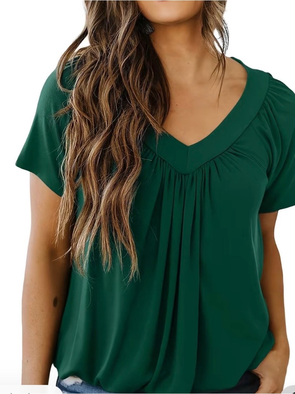 V-Neck Pleated Short-Sleeve Blouse - Forest Green